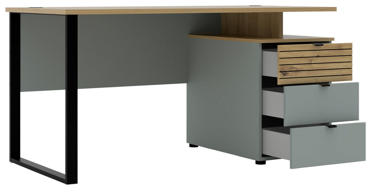 SCHREIBTISCH 150/77/73 cm Schwarz, Eiche Artisan, Schilfgrün  - Schilfgrün/Schwarz, KONVENTIONELL, Holzwerkstoff/Metall (150/77/73cm) - Voleo