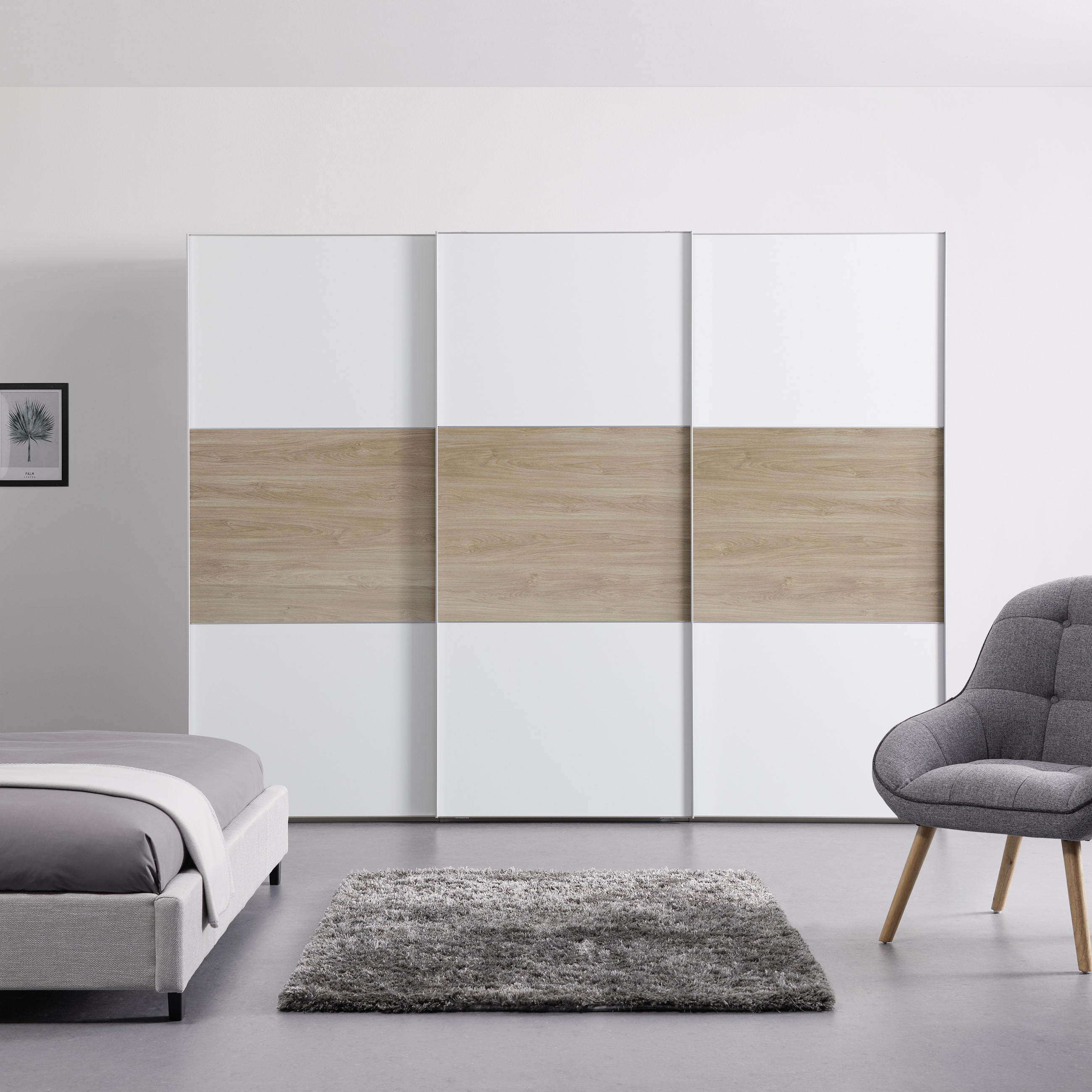 GARDEROB MED SKJUTDÖRRAR 249/222/68 cm 3-dörrar - vit/aluminiumfärg, metall/trämaterial (249/222/68cm) - Best Price