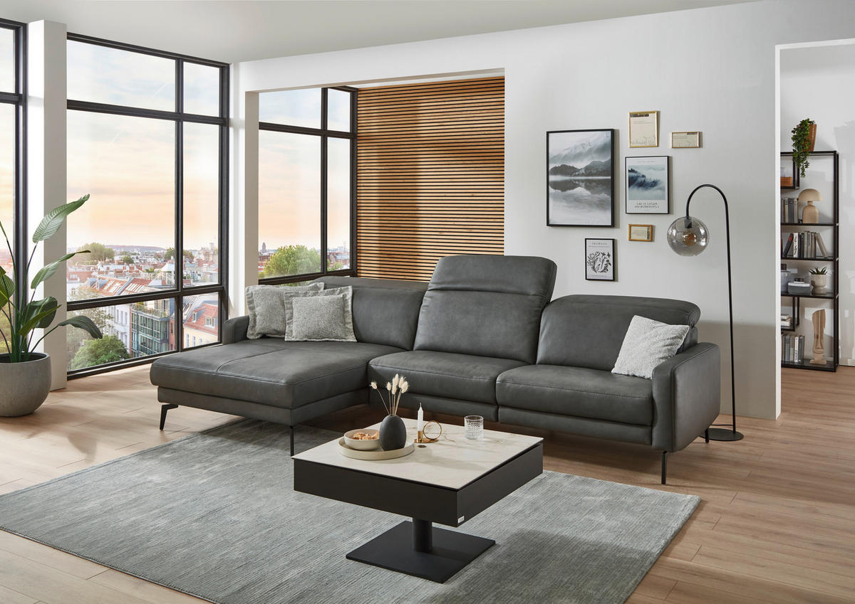 ECKSOFA  in Echtleder Anthrazit  179/323 cm  - Anthrazit/Schwarz, Design, Leder/Metall (179/323cm) - Dieter Knoll