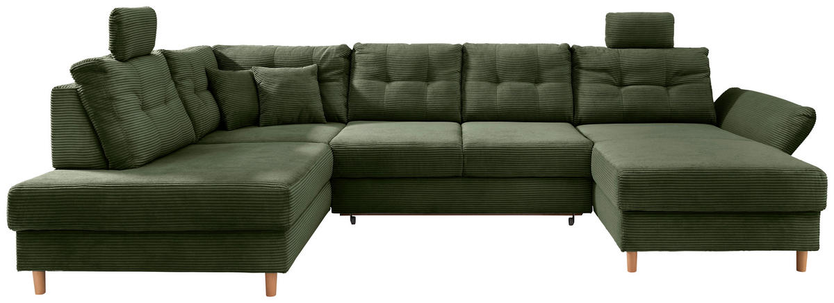 WOHNLANDSCHAFT Dunkelgrün Cord  - Dunkelgrün/Naturfarben, MODERN, Holz/Textil (206/338-352/176cm) - Livetastic