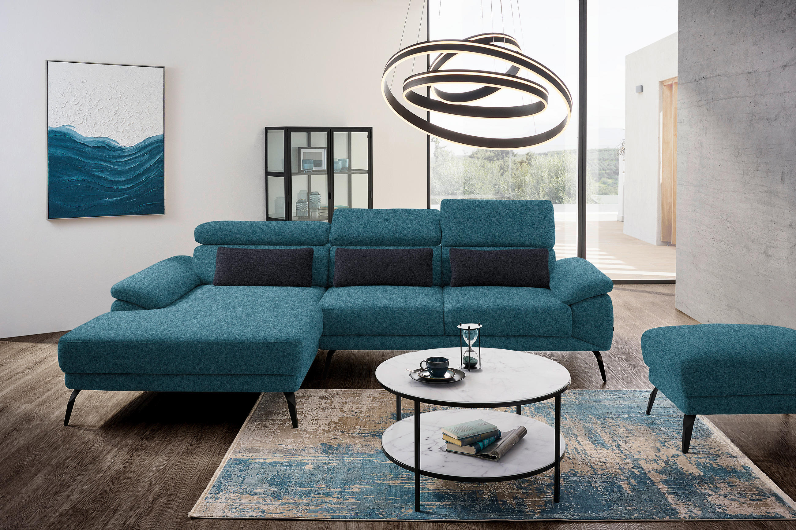 ECKSOFA in Velours Petrol  - Petrol/Schwarz, Design, Textil/Metall (187/295cm) - Novel