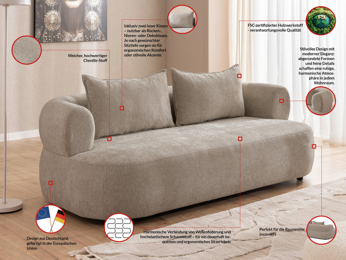 3-SITZER-SOFA Chenille Beige  - Beige/Schwarz, Design, Kunststoff/Textil (200/76/96cm) - Livetastic