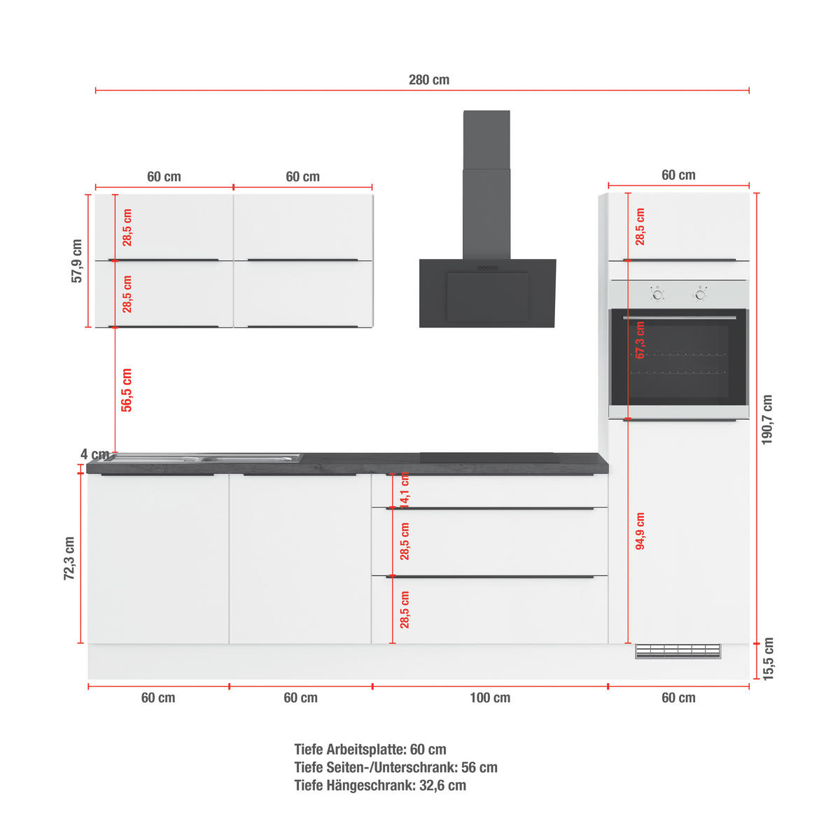 KÜCHENBLOCK 280 cm   in Weiß  - Eichefarben/Schwarz, Trend, Holzwerkstoff/Metall (280cm) - Impuls