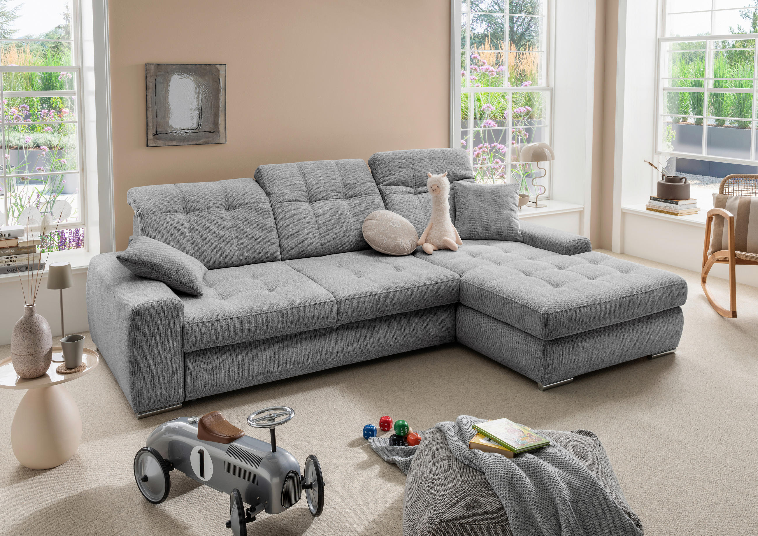 ECKSOFA FRIDO Dunkelgrau Chenille Rücken echt, Kopfteilverstellung, Sitztiefenverstellung  - Chromfarben/Dunkelgrau, KONVENTIONELL, Textil/Metall (283/186cm) - Livetastic