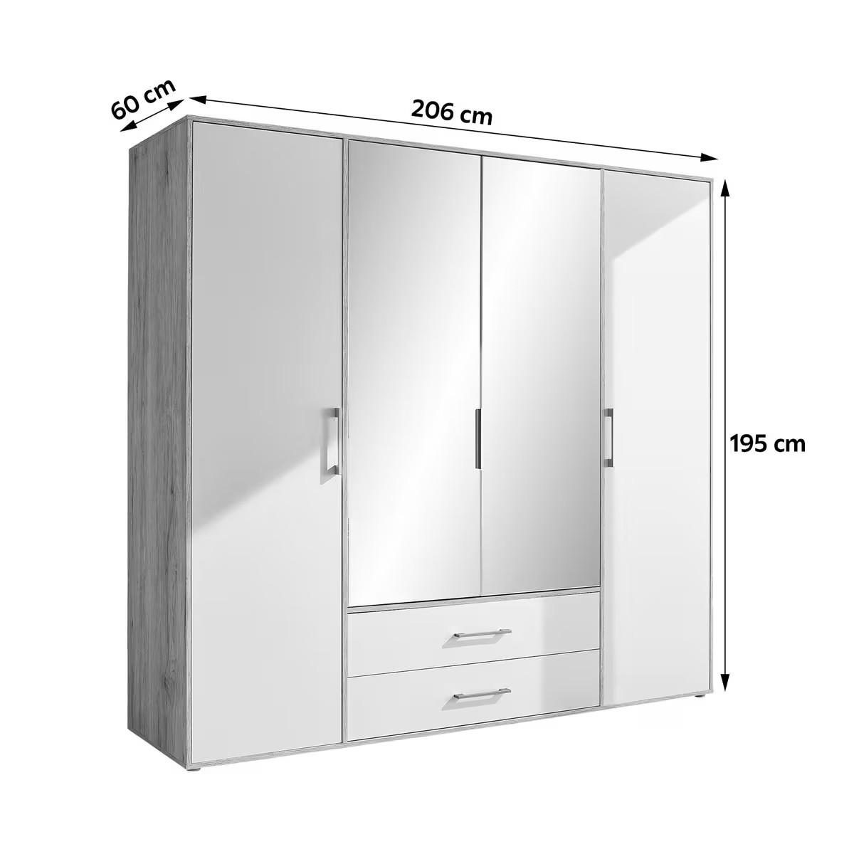 KLEIDERSCHRANK 206/195/60 cm,  in Weiß, Eiche Artisan, Transparent, 4 Tür(en)  - Transparent/Alufarben, Basics, Glas/Holzwerkstoff (206/195/60cm) - P & B