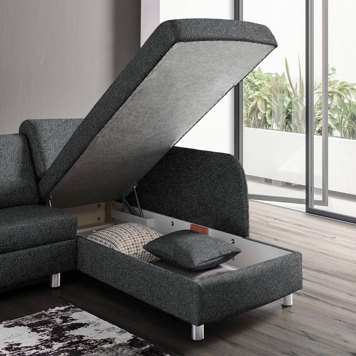 ECKSOFA  in Mikrovelours Anthrazit  227/208 cm  - Anthrazit/Alufarben, KONVENTIONELL, Textil/Metall (227/208cm) - Sedda