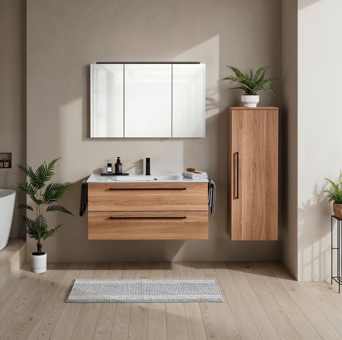 BADEZIMMER 3-teilig  in 101,2 cm  - Eichefarben/Schwarz, KONVENTIONELL, Glas/Holzwerkstoff (101,2cm) - Novel