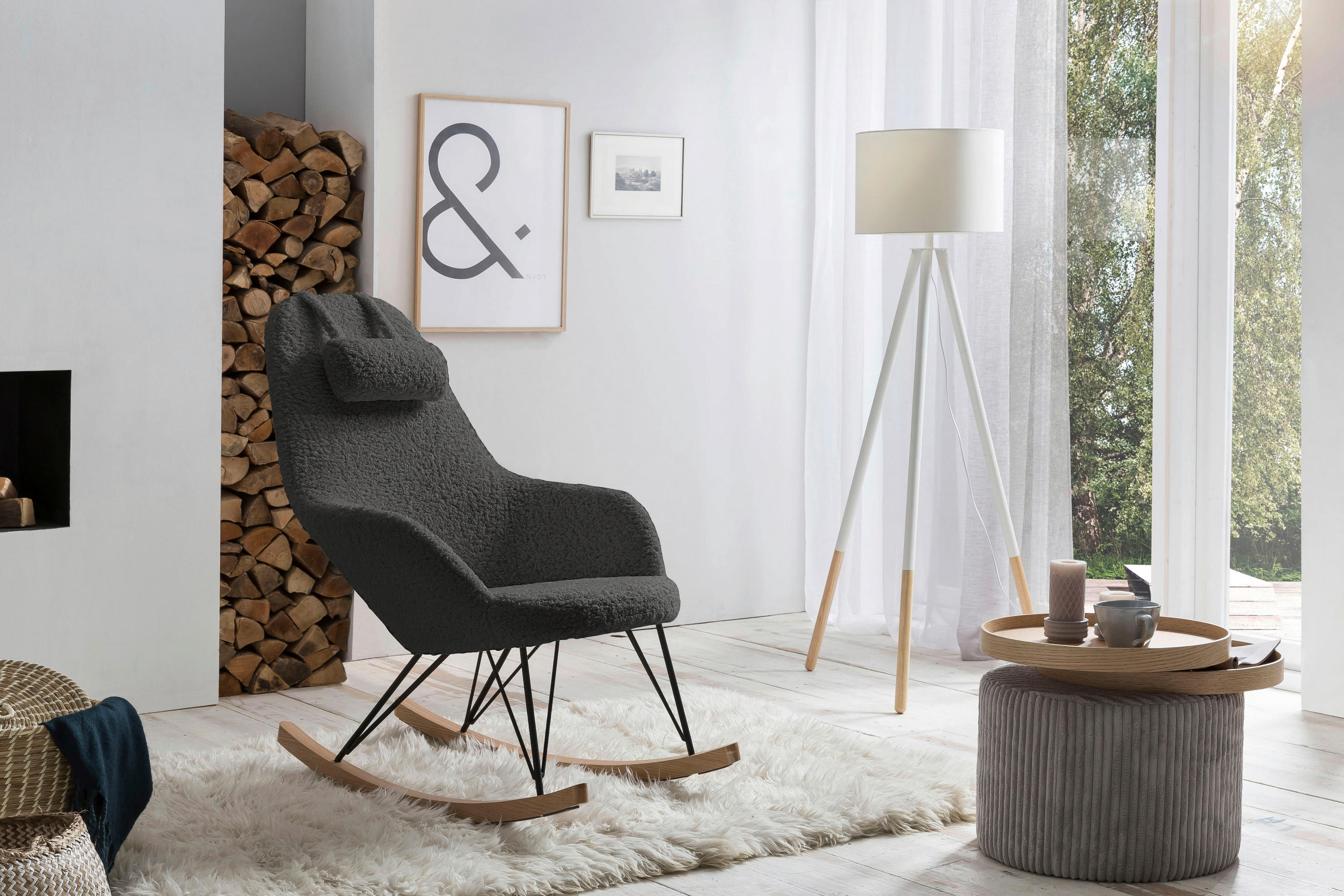 SCHAUKELSTUHL in Teddystoff Grau  - Eichefarben/Schwarz, MODERN, Holz/Textil (67/107/105cm) - Livetastic