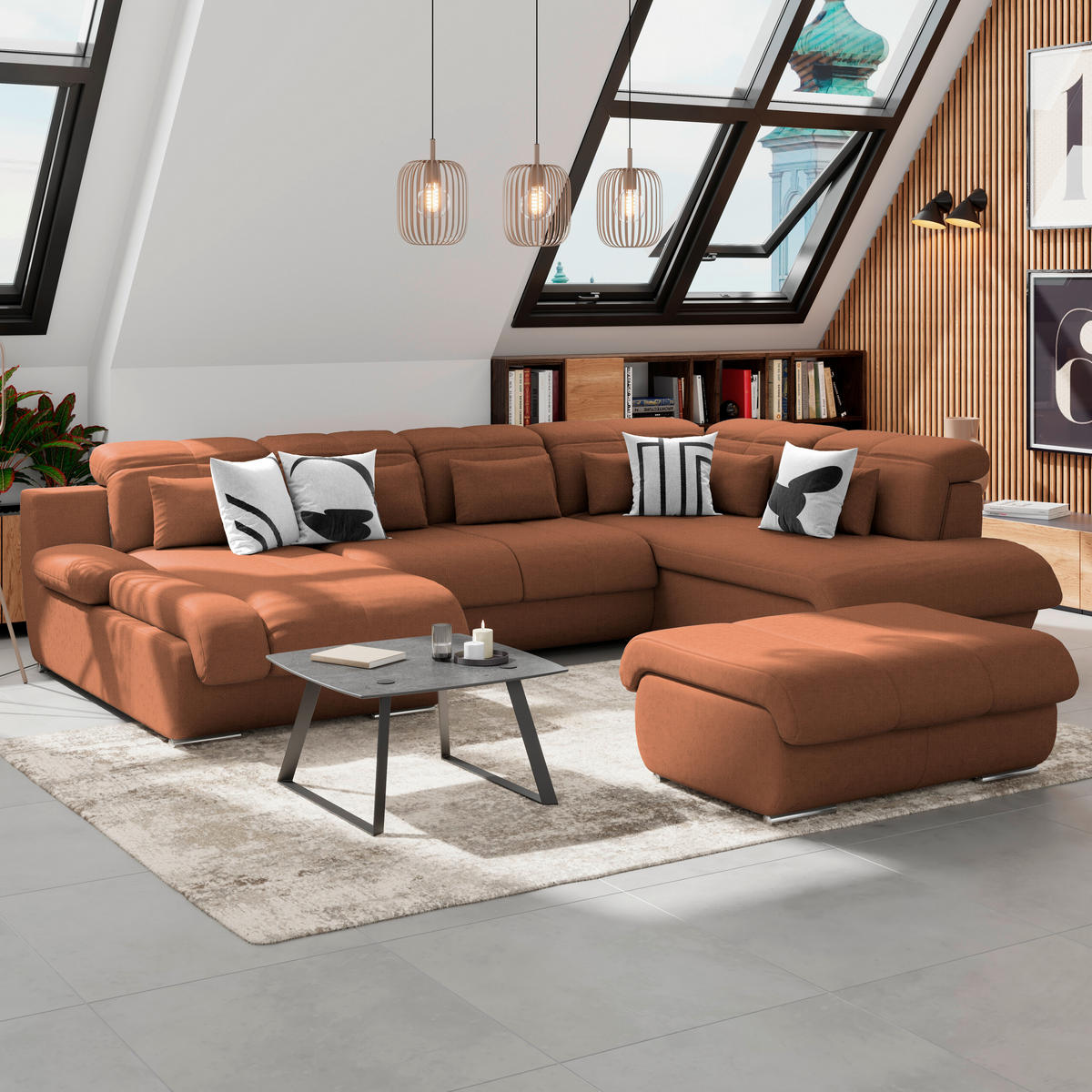WOHNLANDSCHAFT Cognac Mikrofaser  - Chromfarben/Dunkelgrau, MODERN, Textil/Metall (184/345/228cm) - MID.YOU