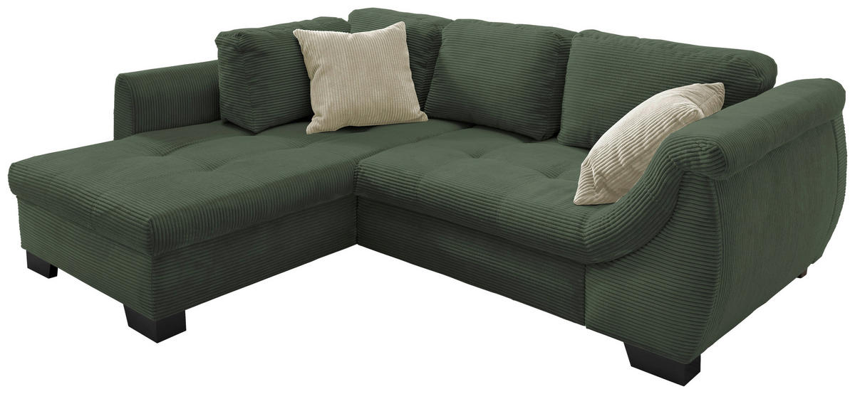 ECKSOFA  in Cord Grün Zierkissen, Schlaffunktion, Rücken echt, Liegefläche im Originalstoff  190/250 cm  - Beige/Schwarz, Design, Holz/Textil (190/250cm) - MID.YOU