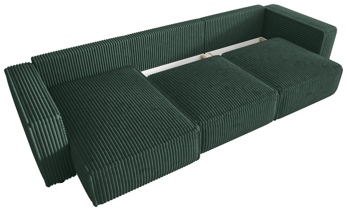 ECKSOFA Dunkelgrün Cord Zierkissen, Rückenkissen, Schlaffunktion, Rücken echt  - Dunkelgrün/Schwarz, MODERN, Kunststoff/Textil (350/168cm) - Xora