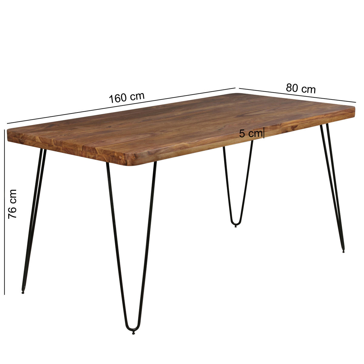 ESSTISCH Sheesham massiv rechteckig Sheeshamfarben  - Sheeshamfarben/Schwarz, Design, Holz/Metall (160/80/76cm) - MID.YOU