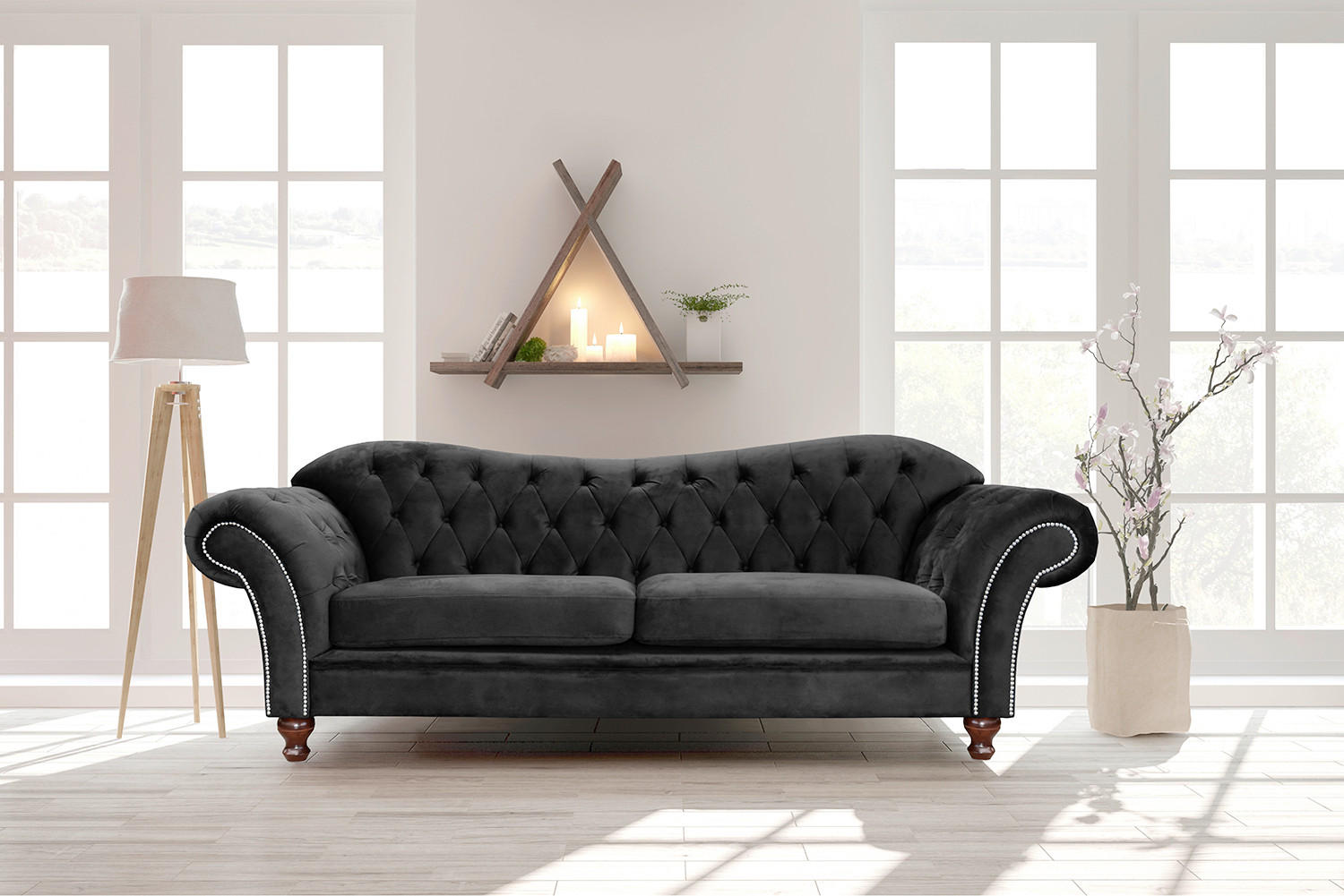 3-SITZER-SOFA SHEFFIELD Mikrofaser Schwarz  - Schwarz/Braun, Design, Holz/Textil (230/92/90cm) - P & B