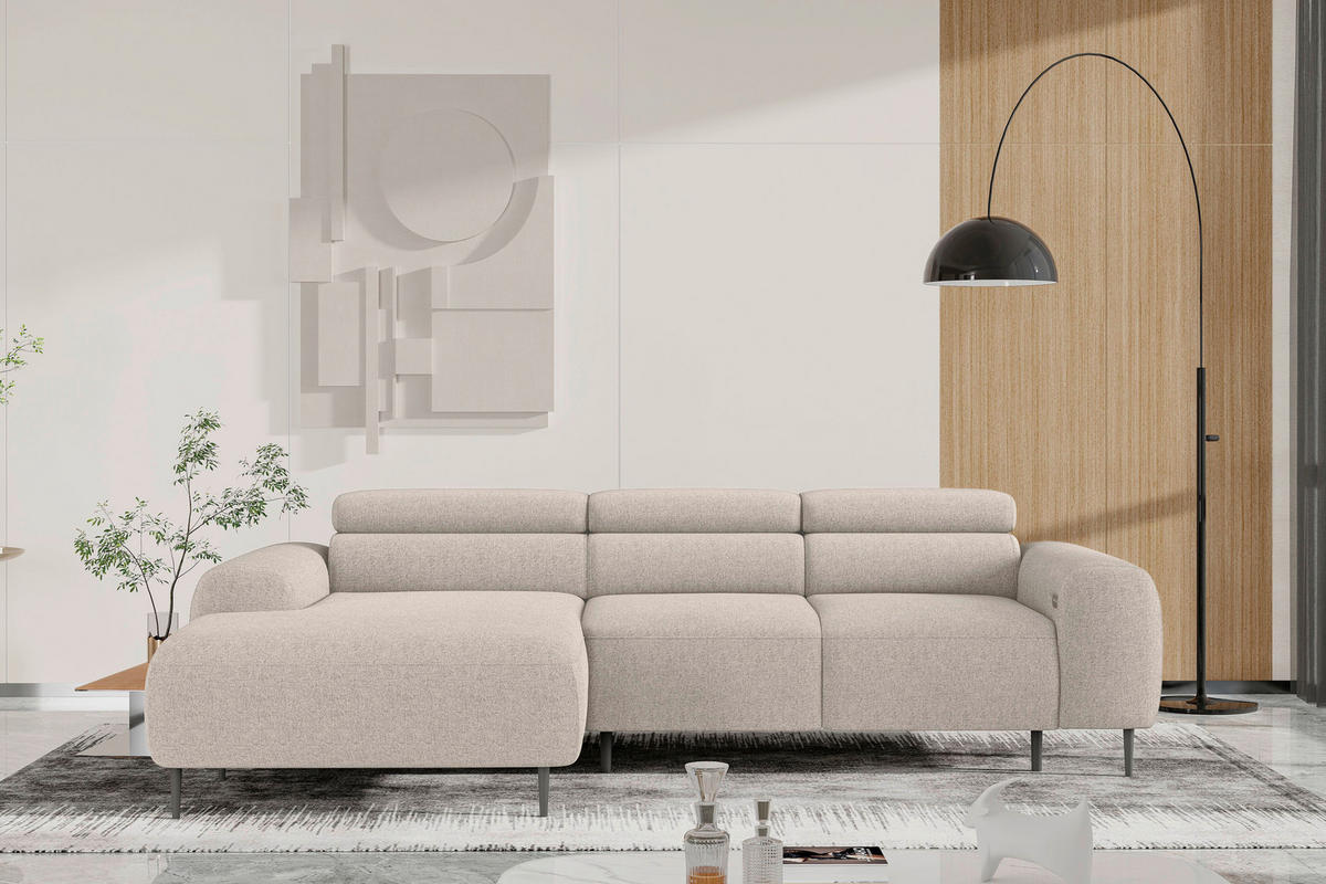 ECKSOFA Beige Struktur Rücken echt, Kopfteilverstellung, Sitztiefenverstellung  - Beige/Schwarz, MODERN, Textil/Metall (179/274cm) - Welnova