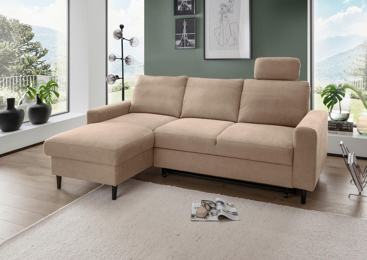 ECKSCHLAFSOFA in Chenille Hellbraun  - Hellbraun/Schwarz, MODERN, Holz/Textil (147/234cm) - Livetastic