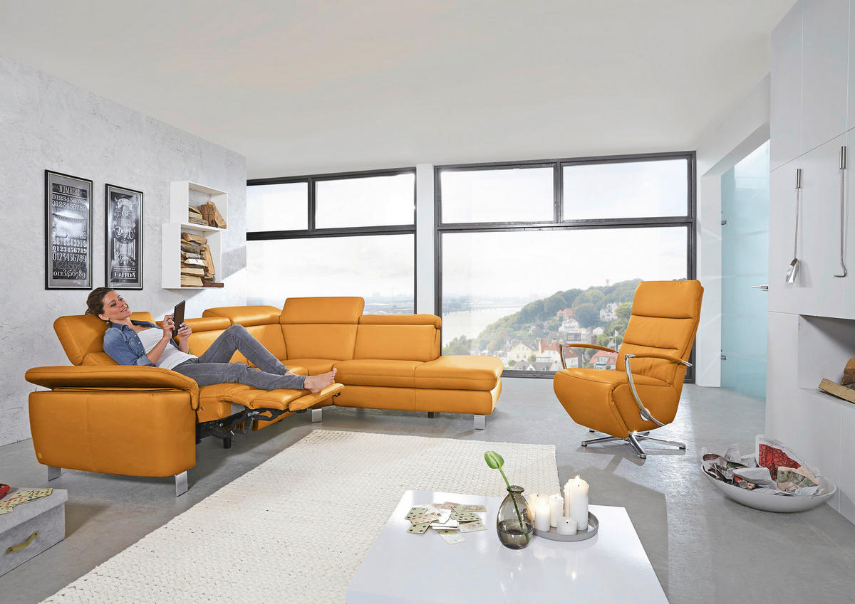 ECKSOFA Gelb Echtleder  - Gelb/Alufarben, Design, Leder/Metall (239/271cm) - Cantus