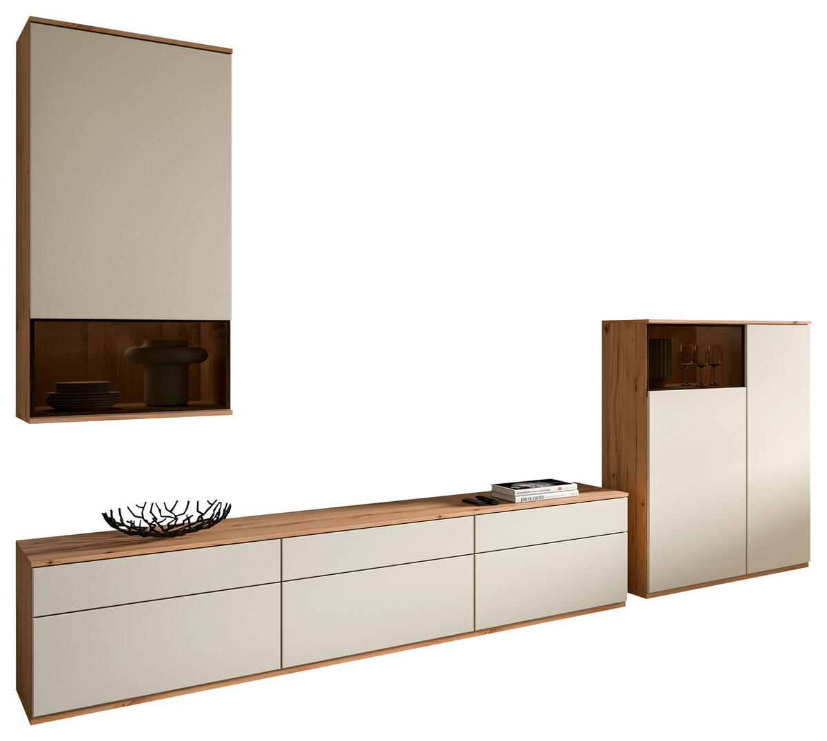 WOHNWAND  in Buchefarben, Beige  345/215/45 cm  - Beige/Buchefarben, KONVENTIONELL, Glas/Holzwerkstoff (345/215/45cm) - Venda