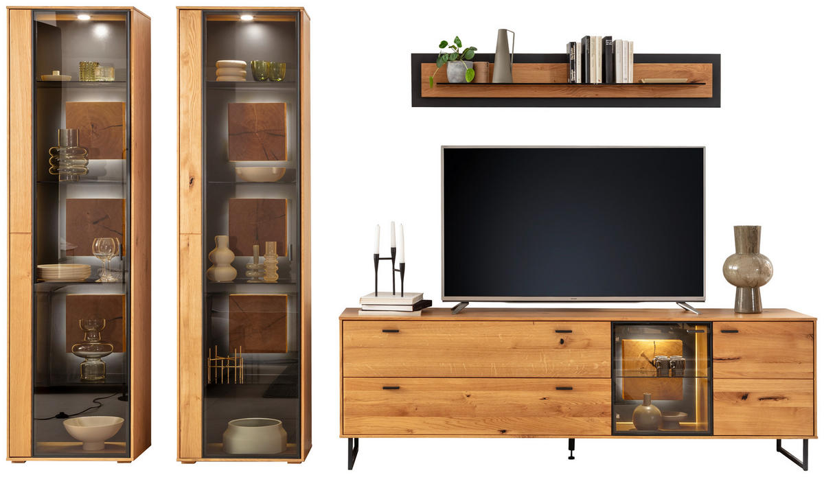 WOHNWAND  in Wildeiche 359/206/50 cm  - Wildeiche/Schwarz, Design, Glas/Holz (359/206/50cm) - MID.YOU