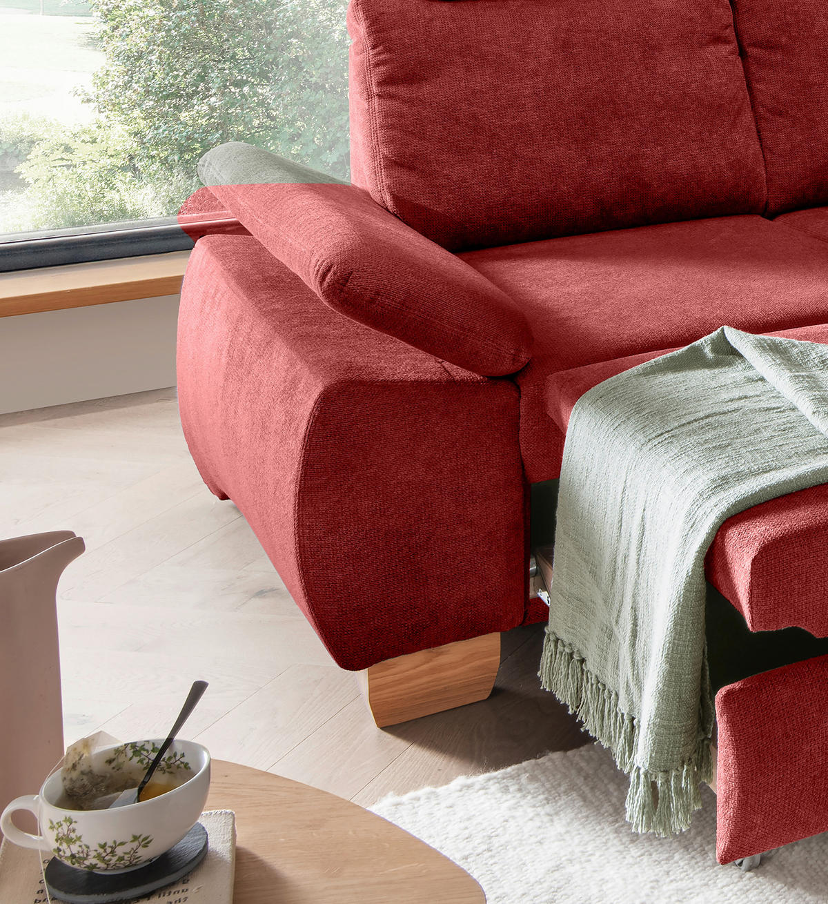 ECKSCHLAFSOFA in Chenille Rot  - Wildeiche/Rot, Modern, Holz/Textil (261/206cm) - Livetastic