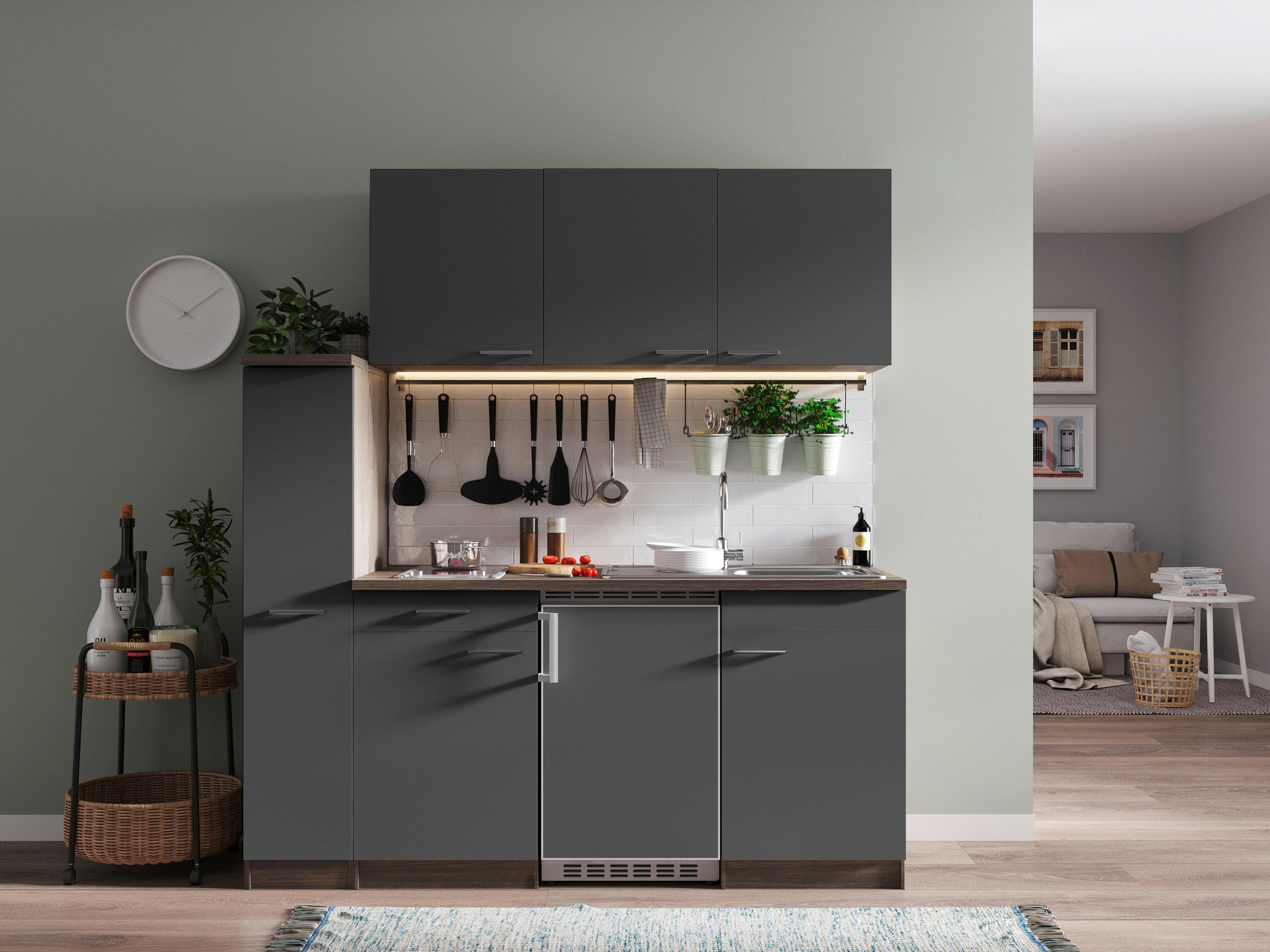 KÜCHENBLOCK Oliver 180 cm  in Grau  - Eichefarben/Alufarben, Basics, Holzwerkstoff/Kunststoff (180cm) - Respekta