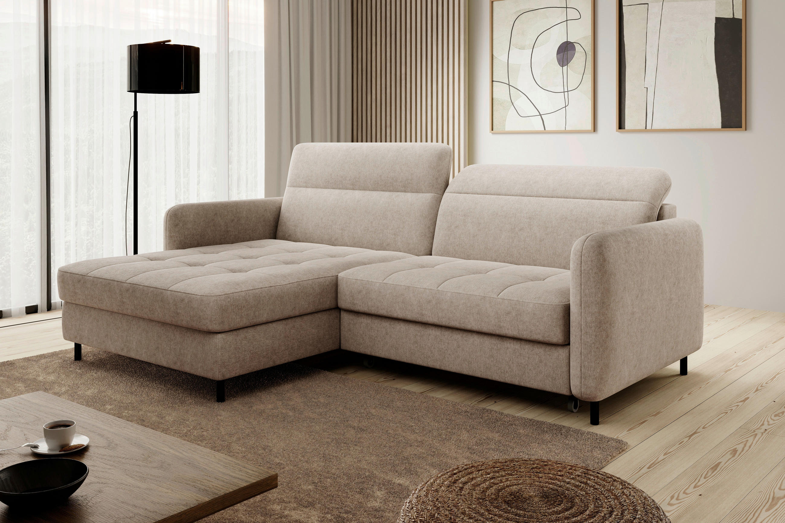 ECKSOFA in Velours Beige  165/228 cm  - Beige/Schwarz, Design, Textil/Metall (165/228cm) - MID.YOU