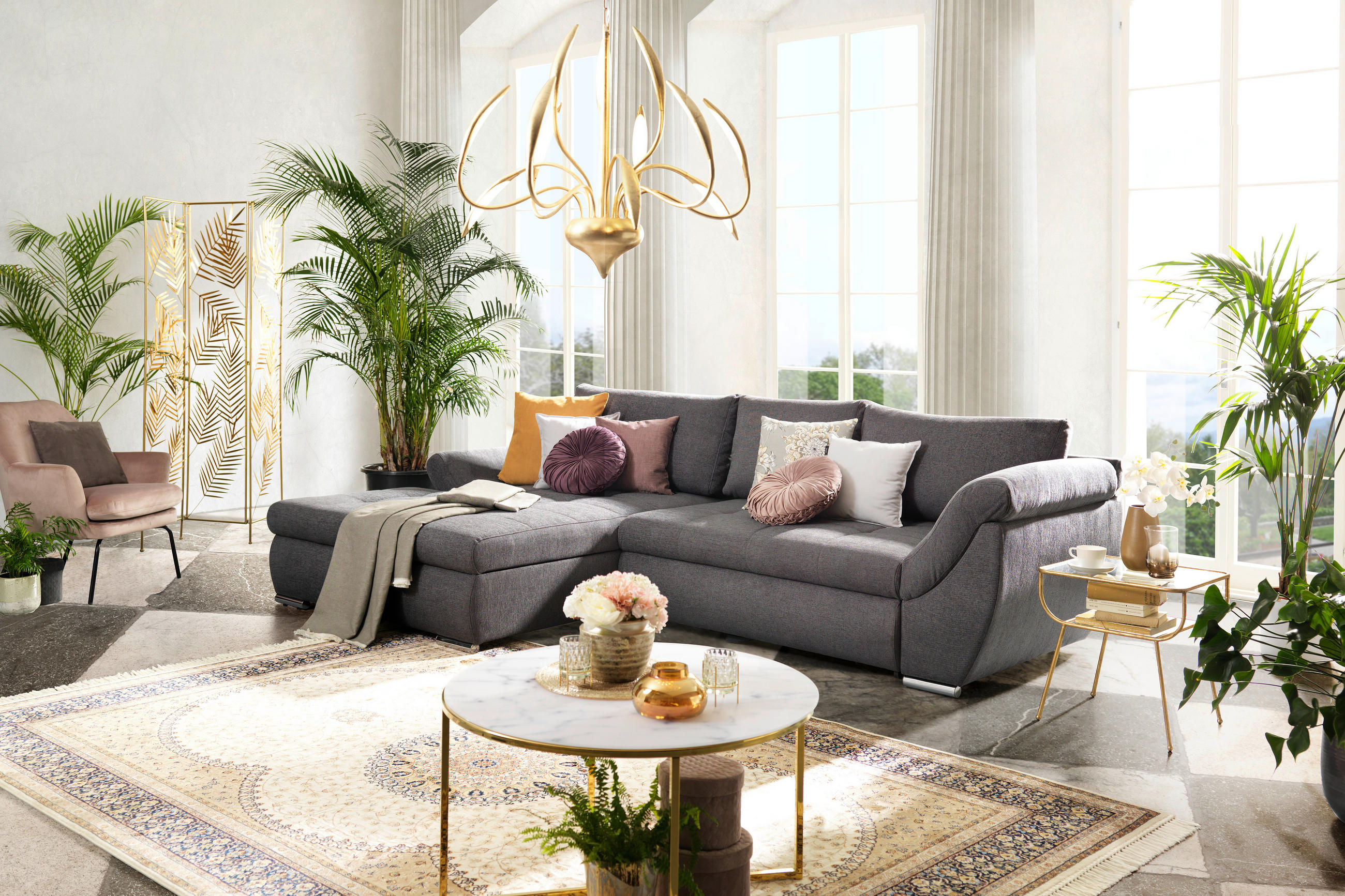ECKSOFA Grau Flachgewebe  - Silberfarben/Grau, Design, Textil/Metall (174/306cm) - Carryhome