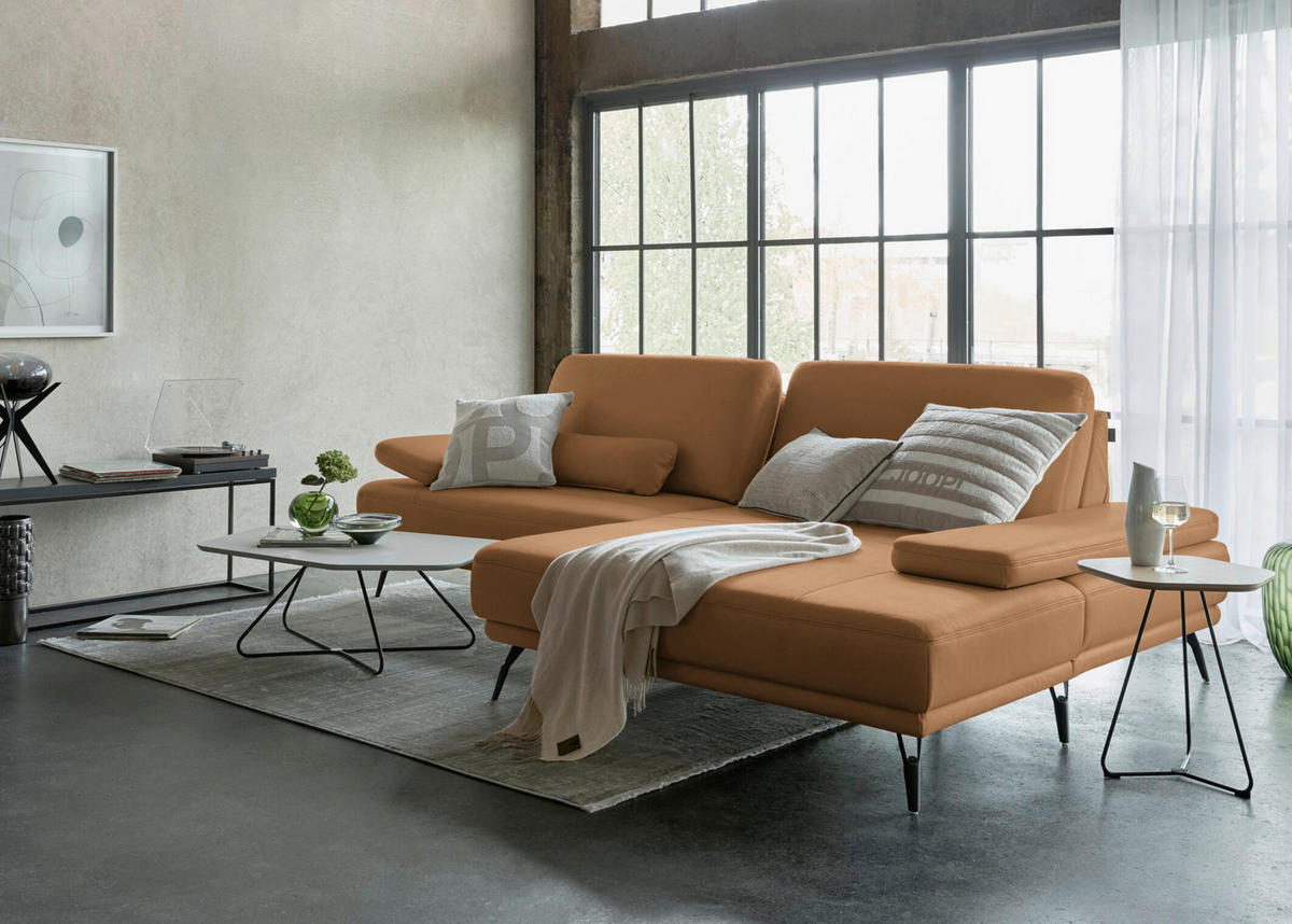 ECKSOFA Echtleder Hellbraun  - Hellbraun/Schwarz, Konventionell, Leder/Metall (301/180cm) - Joop!