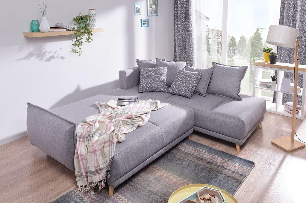 ECKSCHLAFSOFA Hellgrau Webstoff - Hellgrau/Kieferfarben, Basics, Holz/Textil (235/190cm) - MID.YOU