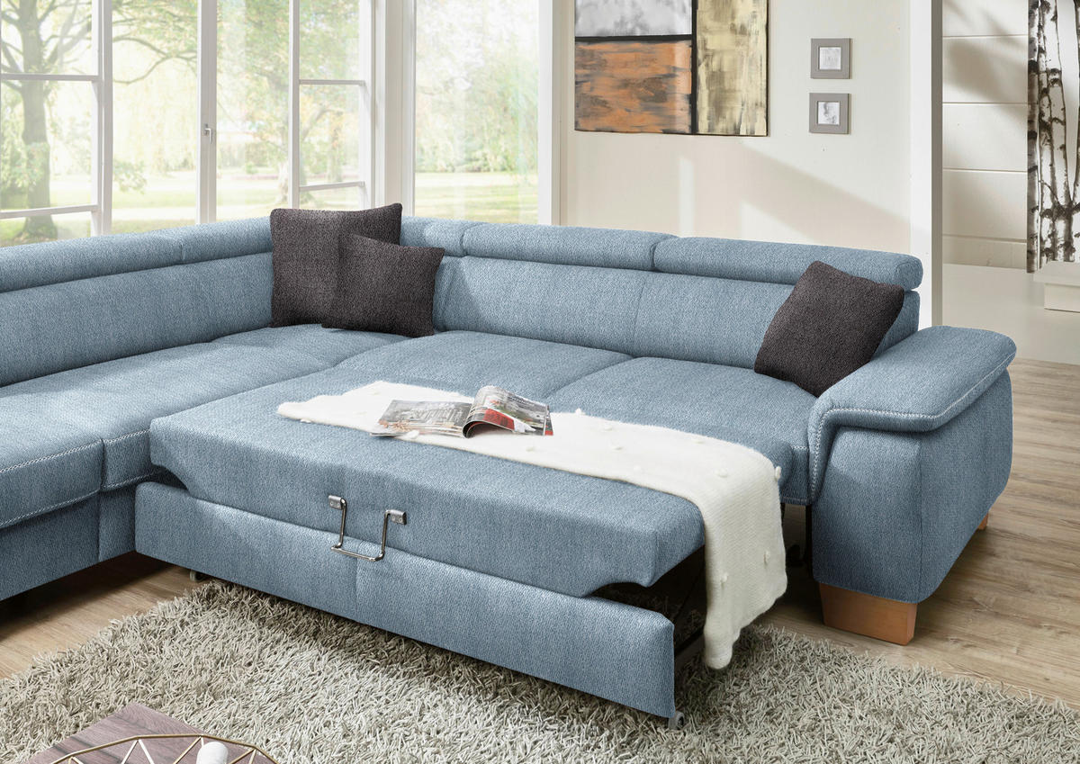 ECKSOFA in Mikrofaser Blau  - Blau/Eichefarben, Natur, Holz/Textil (273/226cm) - Beldomo System