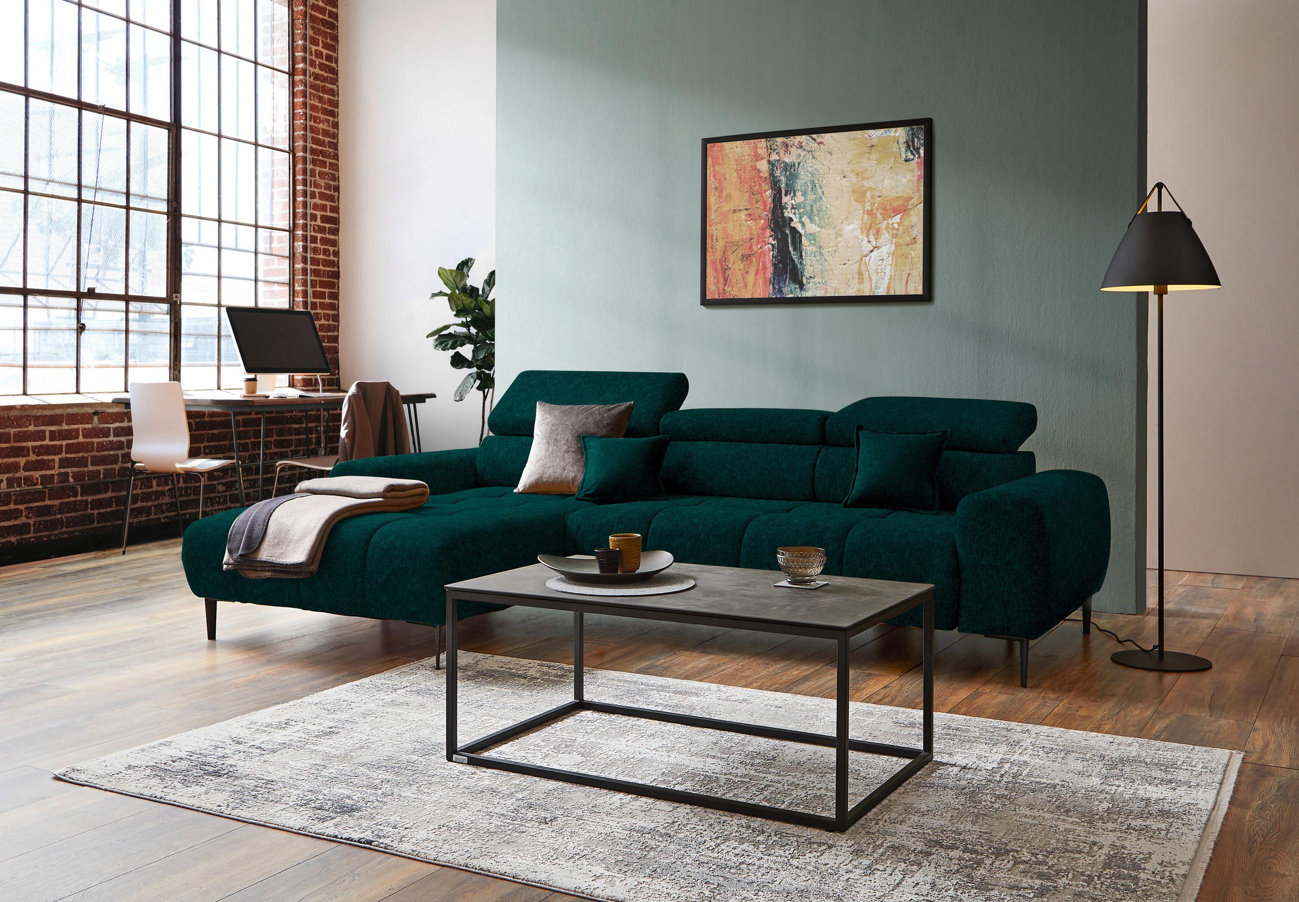 ECKSOFA in Samt, Webstoff Dunkelgrün  - Dunkelgrün/Schwarz, Design, Textil/Metall (177/270cm) - Welnova