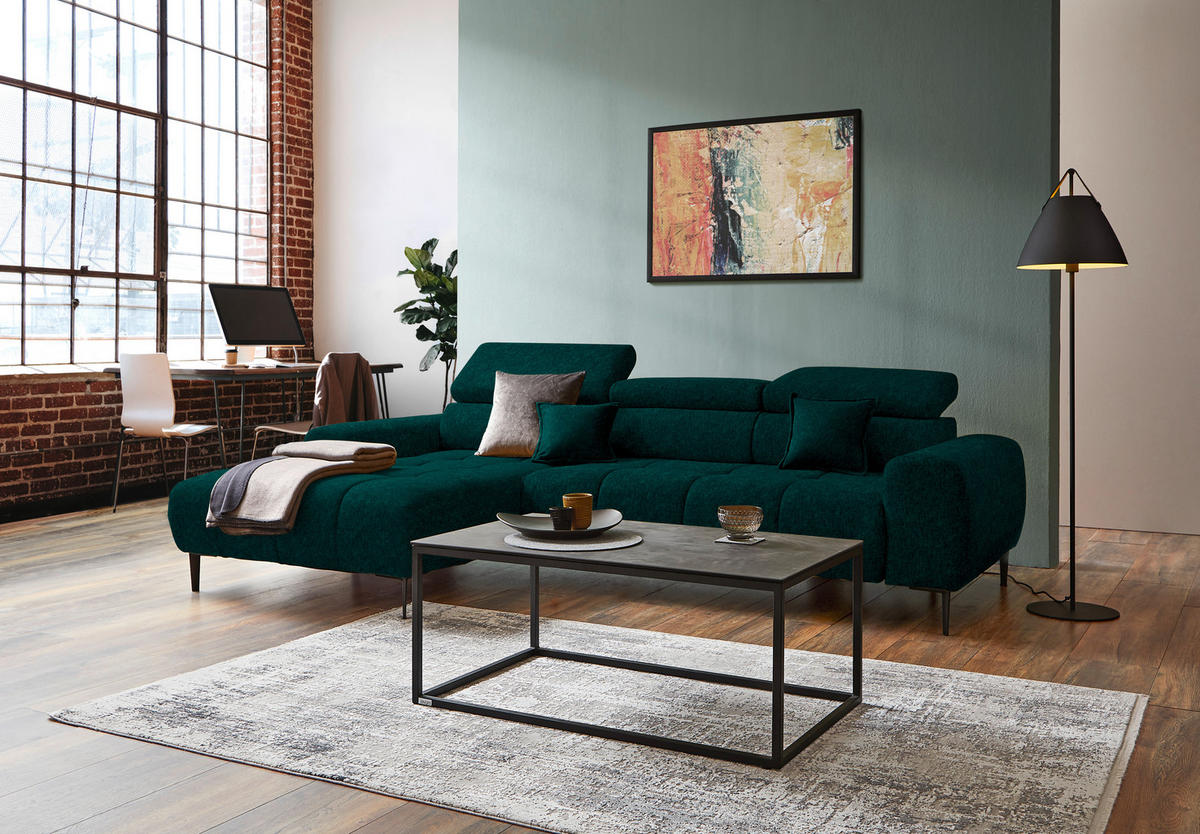 ECKSOFA in Samt, Webstoff Dunkelgrün  - Dunkelgrün/Schwarz, Design, Textil/Metall (177/270cm) - Welnova