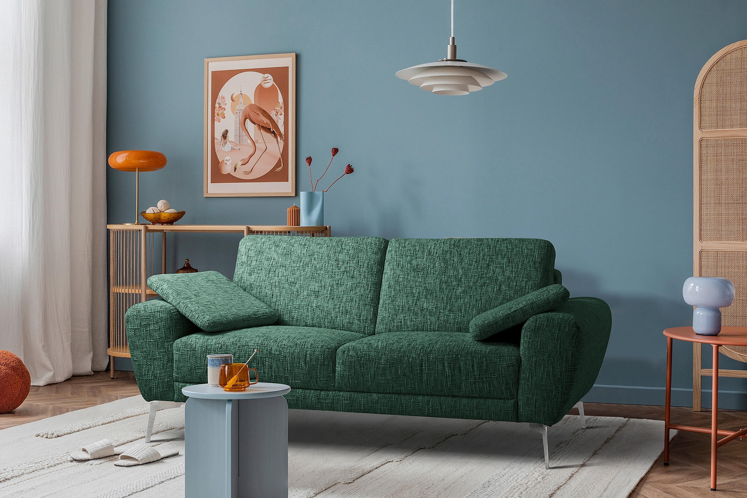 2-SITZER-SOFA SPRING Webstoff Grün  - Chromfarben/Grün, Design, Textil/Metall (157/85/92cm) - Livetastic