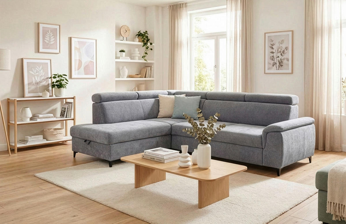ECKSOFA Hellgrau Chenille Bettkasten, Schlaffunktion, Rücken echt, Kopfteilverstellung, Liegefläche im Originalstoff  - Hellgrau/Schwarz, KONVENTIONELL, Textil/Metall (206/265cm) - Carryhome