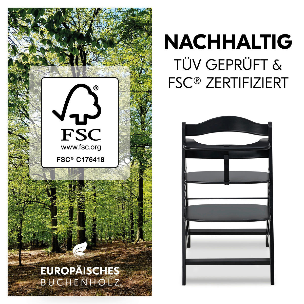 HOCHSTUHL ALPHA + Schwarz  - Schwarz, Basics, Holz (56/77/48cm) - Hauck
