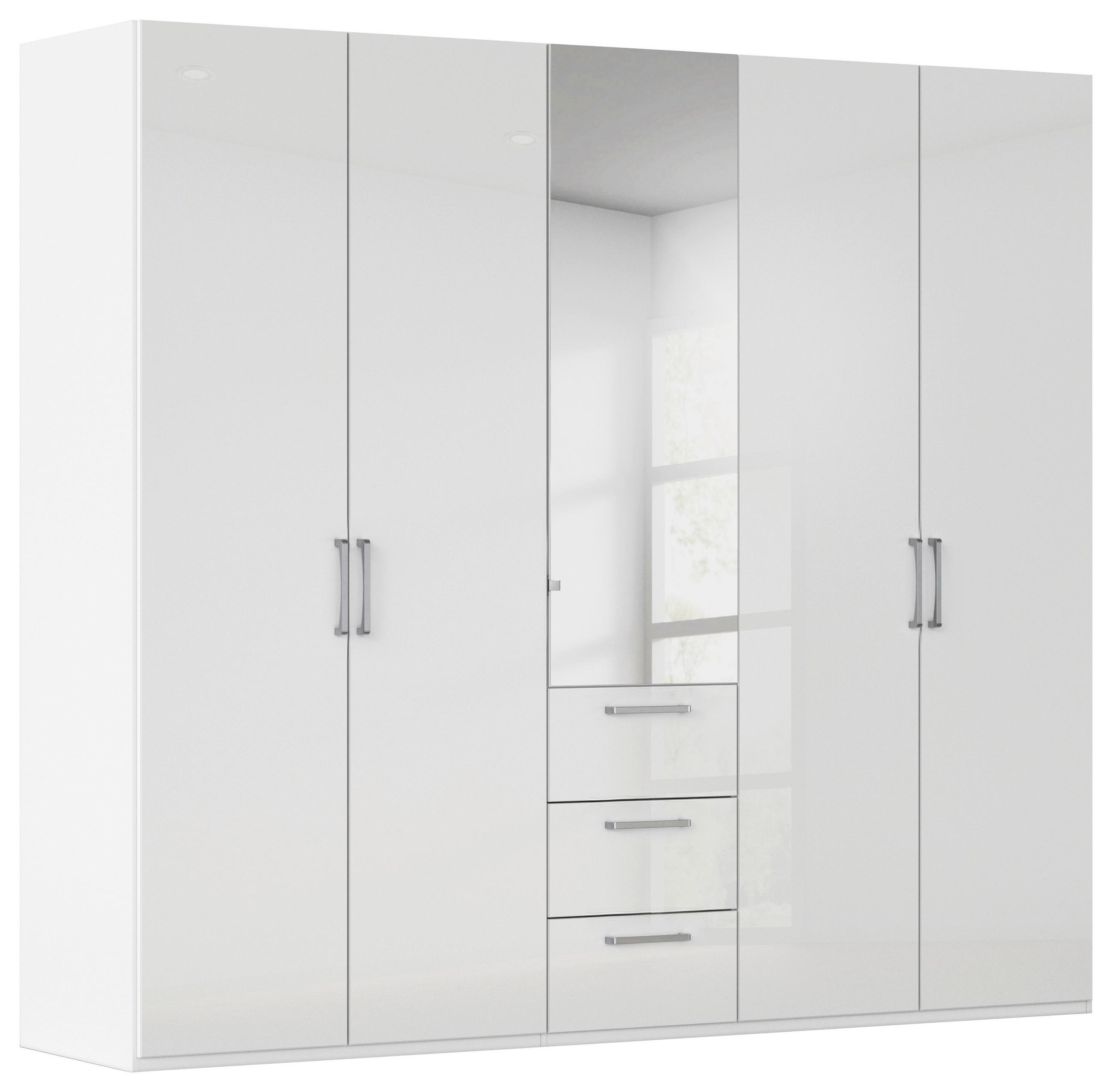 DREHTÜRENSCHRANK 251/235/61 cm,  in Weiß, Weiß Hochglanz, 5-türig  - Chromfarben/Edelstahlfarben, Basics, Glas/Holzwerkstoff (251/235/61cm) - Novel