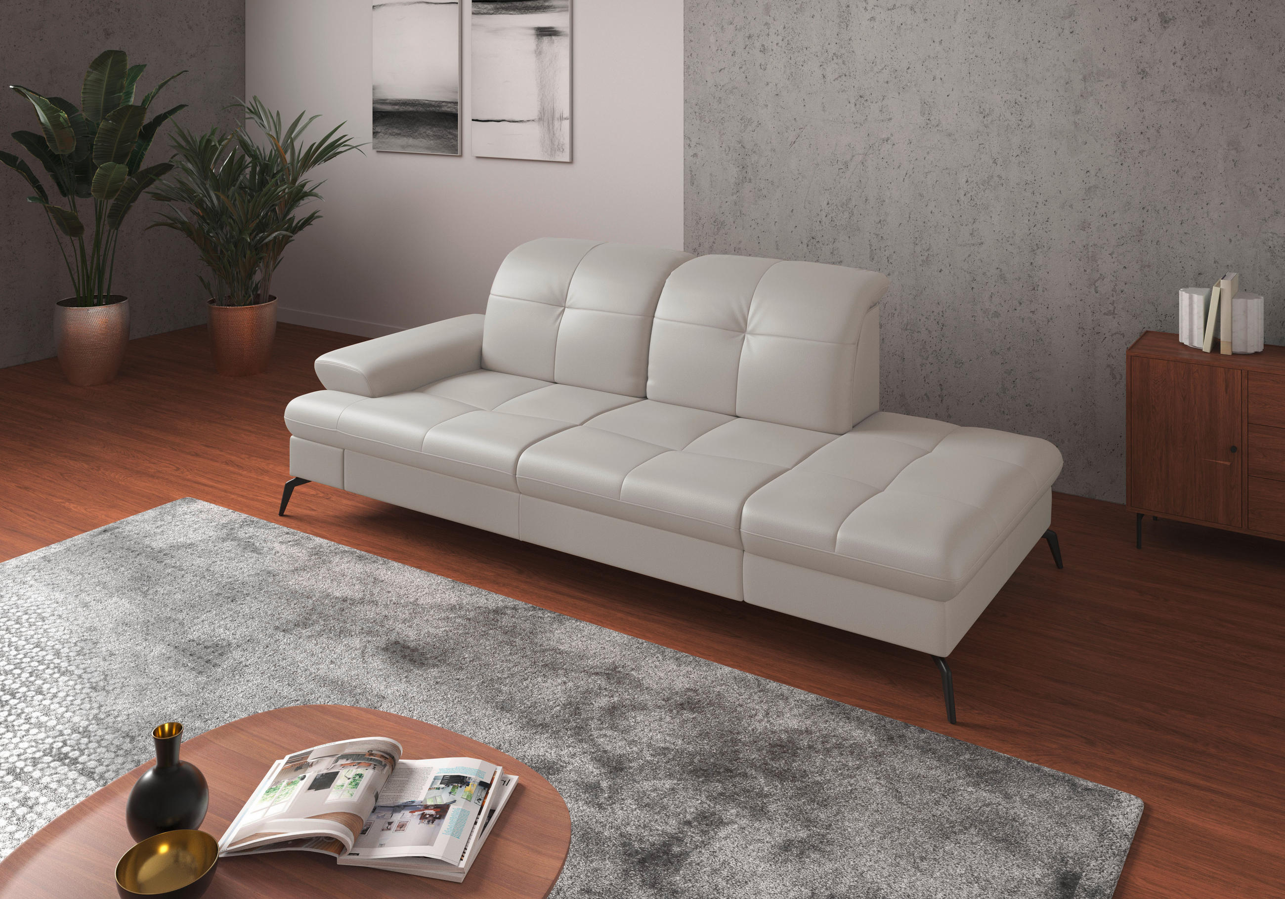 RÉCAMIERE in Echtleder Weiss - Weiss/Schwarz, Konventionell, Leder/Metall (231/90/122cm) - Sit & More