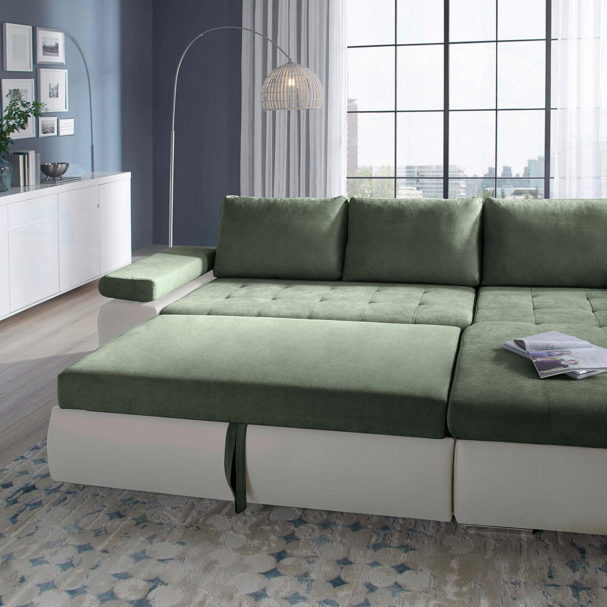 ECKSOFA in Flachgewebe Weiss, Olivgrün  - Weiss/Olivgrün, Design, Kunststoff/Textil (271/175cm) - MID.YOU