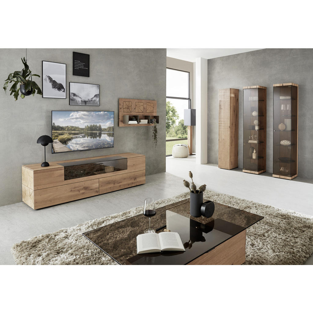 Thumbnail - Valnatura Lowboard, Eiche, Titan, Holz, Glas, Kerneiche, vollmassiv, 2 Schubladen, 211x58x54 cm, Typenauswahl, Beimöbel ...