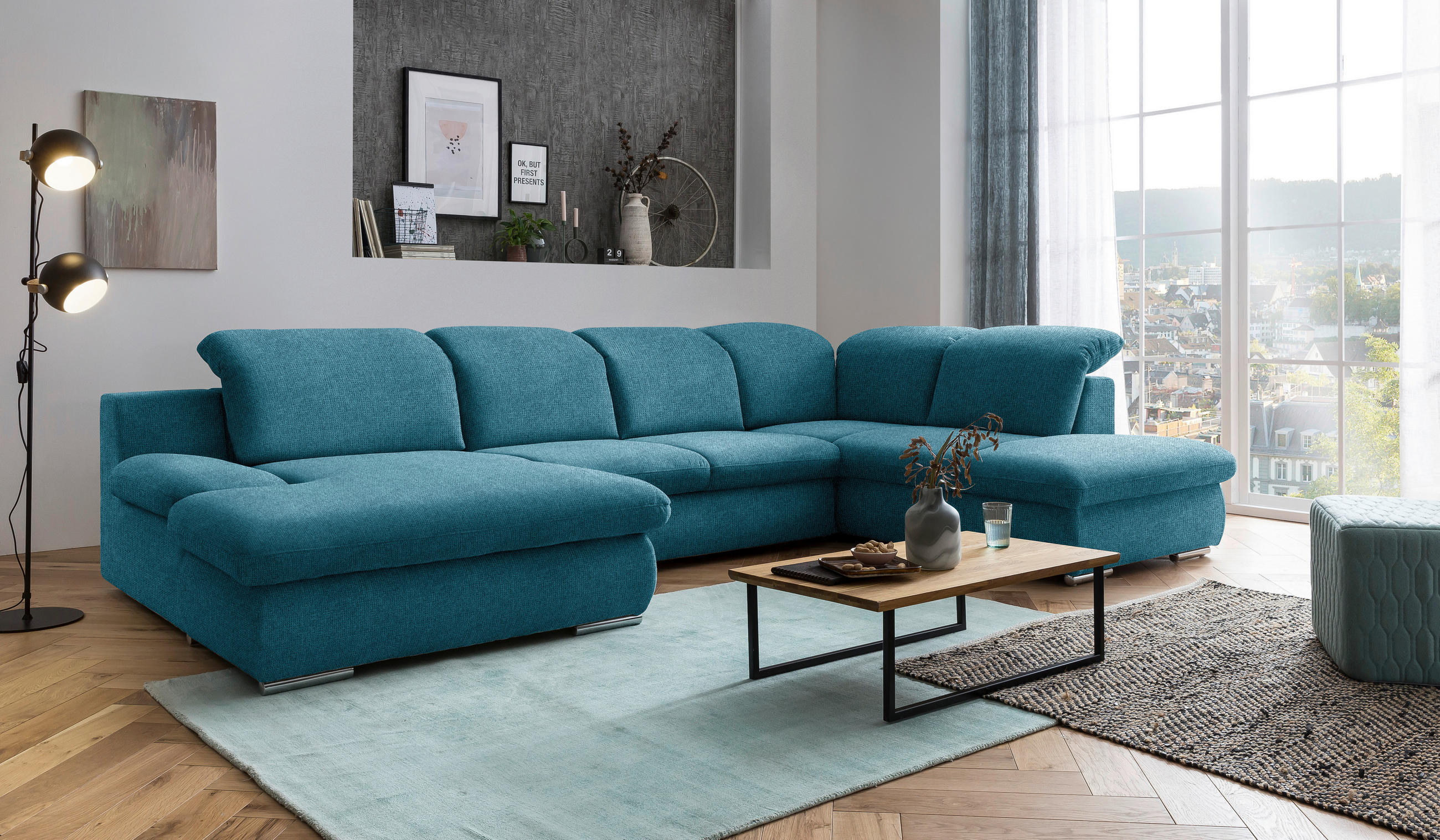 WOHNLANDSCHAFT Blau Chenille  - Chromfarben/Blau, Design, Textil/Metall (165/353/212cm) - Livetastic