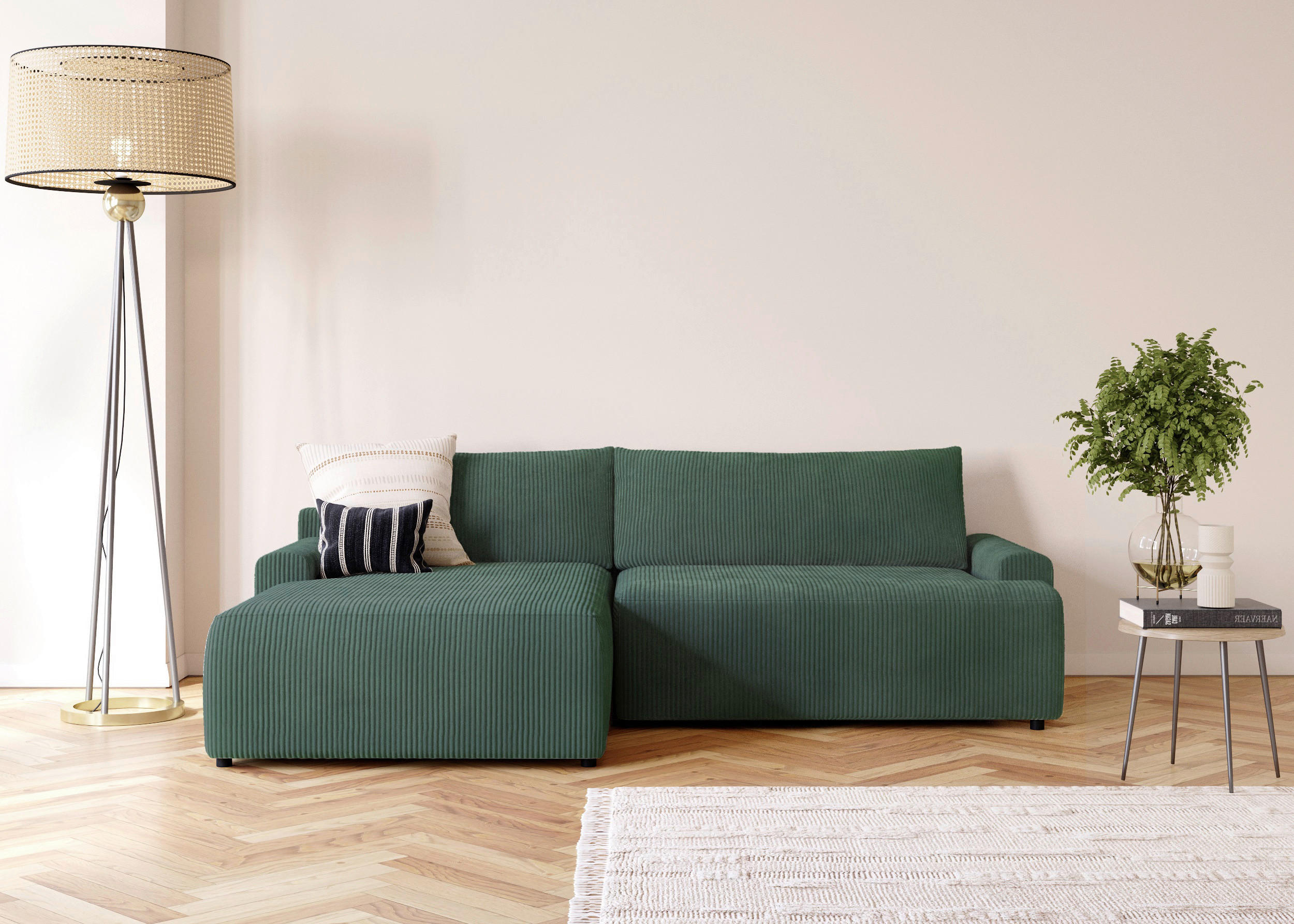ECKSCHLAFSOFA in Cord Dunkelgrün  - Dunkelgrün/Schwarz, Modern, Kunststoff/Textil (167/253cm) - Trendmanufaktur