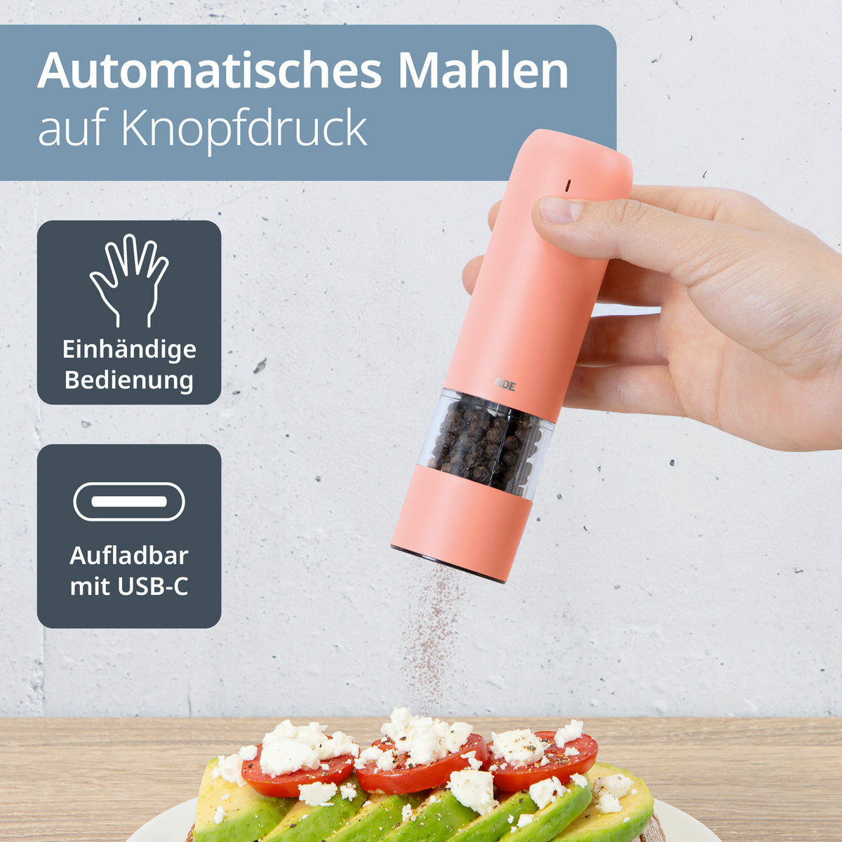 ELEKTR. SALZ-/PFEFFERMÜHLE  - Koralle, Basics, Kunststoff/Metall (3,8/3,8/14cm) - ADE