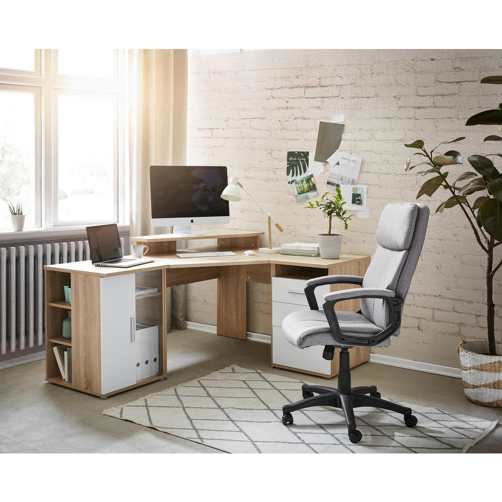 Thumbnail - Carryhome Eckschreibtisch, Weiß, Sonoma Eiche, Kunststoff, 3 Schubladen, 173x75x140 cm, Arbeitszimmer, Schreibtische, Ec...
