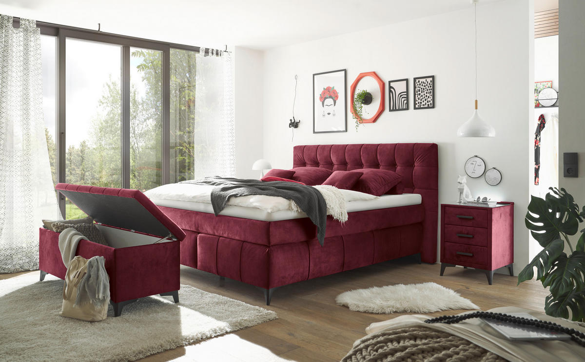 BOXSPRINGBETT 180/200 cm  in Bordeaux  - Bordeaux/Schwarz, Konventionell, Kunststoff/Textil (180/200cm) - Modante