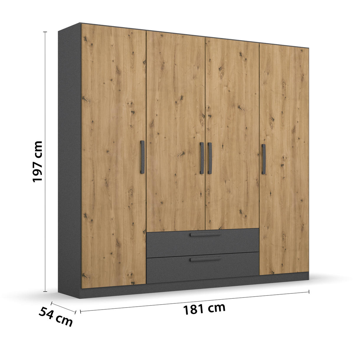 DREHTÜRENSCHRANK 181/197/54 cm,  in Grau, Eiche Artisan, 4-türig  - Eiche Artisan/Grau, MODERN, Holzwerkstoff/Kunststoff (181/197/54cm) - Rauch Möbel