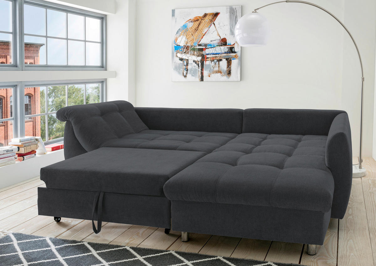 ECKSCHLAFSOFA in Mikrofaser Schwarz  - Chromfarben/Schwarz, Modern, Textil/Metall (250/190cm) - Livetastic