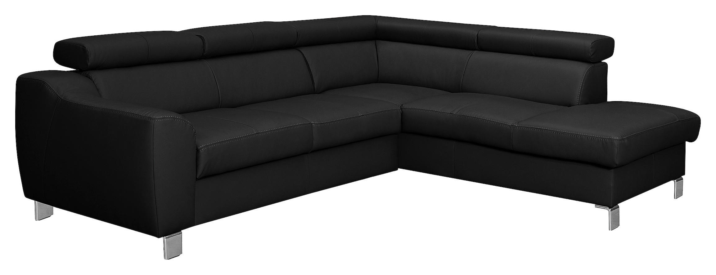 ECKSOFA Schwarz Echtleder Lederlook Bettkasten, Schlaffunktion, Rücken echt, Kopfteilverstellung  - Chromfarben/Schwarz, Design, Leder/Textil (245/208cm) - Livetastic