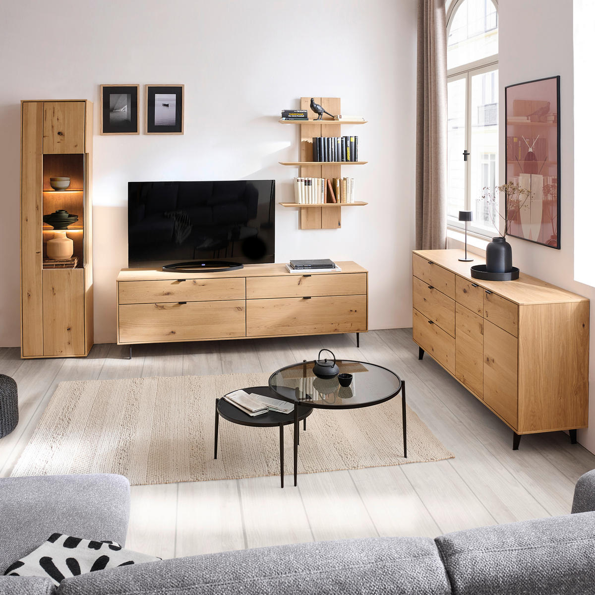 WOHNWAND  in Eichefarben 267/205/50 cm  - Eichefarben/Schwarz, Natur, Glas/Holz (267/205/50cm) - Cantus