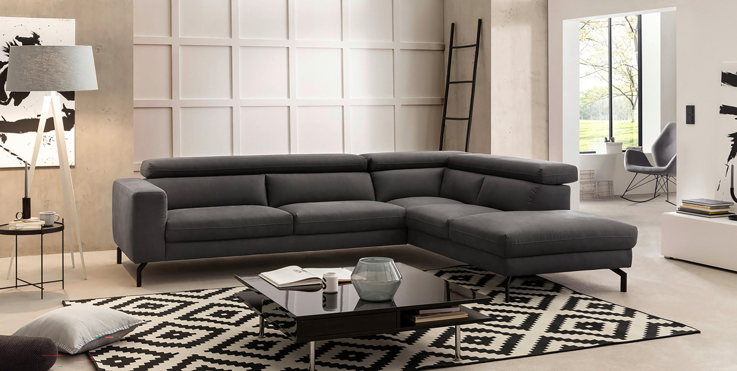 ECKSOFA CALIFORNIA Dunkelgrau Mikrofaser  - Dunkelgrau/Schwarz, MODERN, Textil/Metall (305/233cm) - Trendmanufaktur