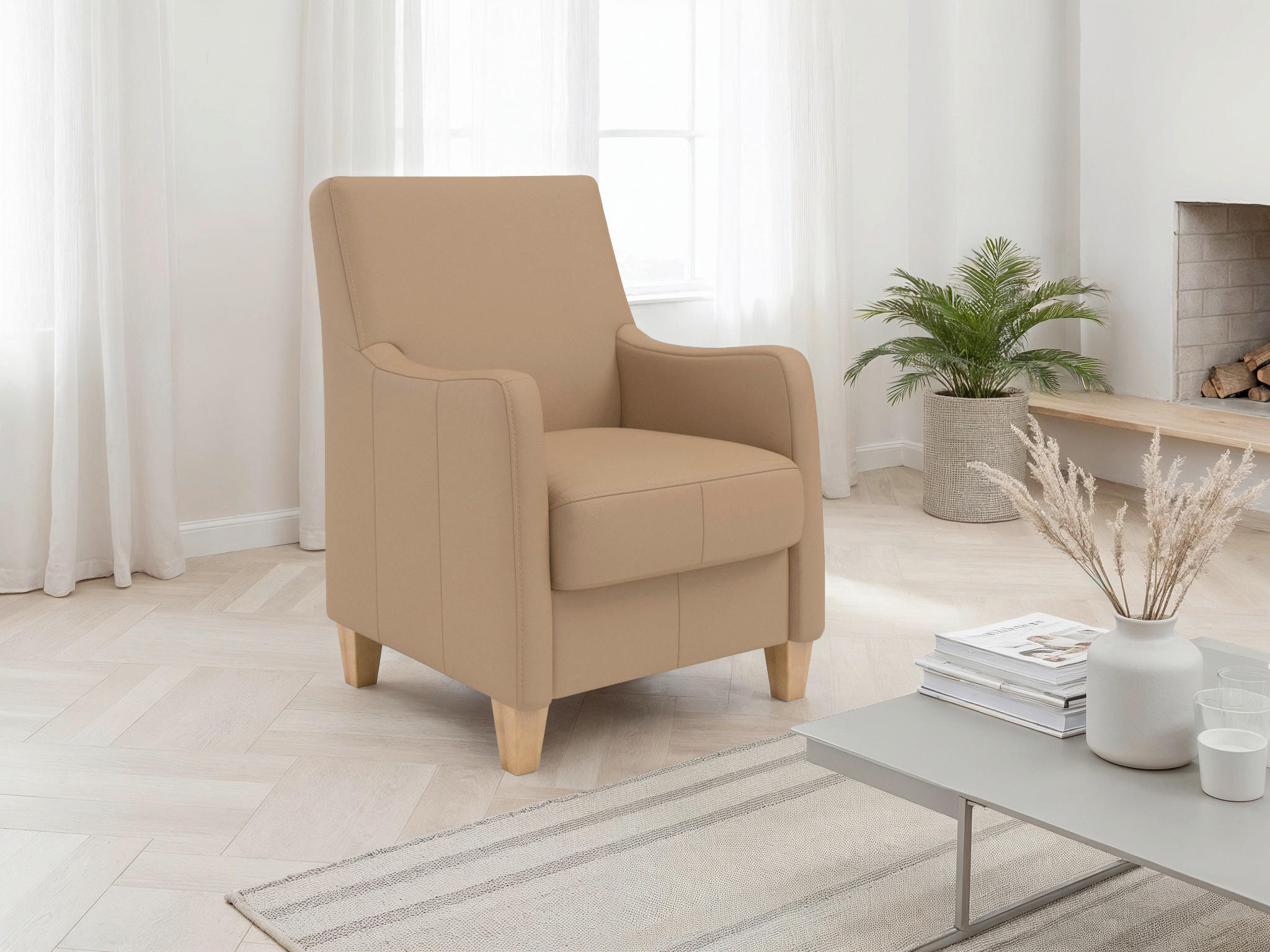 SESSEL in Echtleder Cappuccino  - Eichefarben/Cappuccino, Basics, Leder/Holz (70/93/75cm) - Sit & More