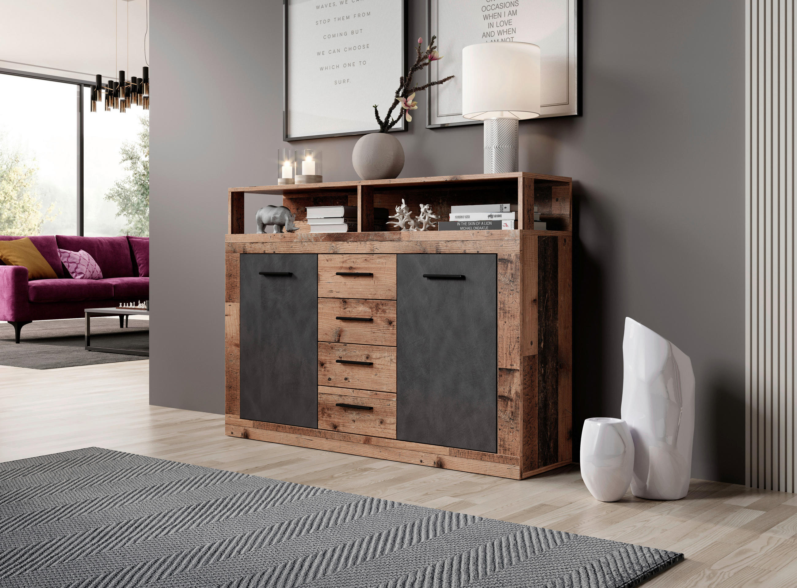 KOMMODE  in 119,5/96,8/32 cm  - Alteiche/Anthrazit, Design, Holzwerkstoff/Kunststoff (119,5/96,8/32cm) - MID.YOU